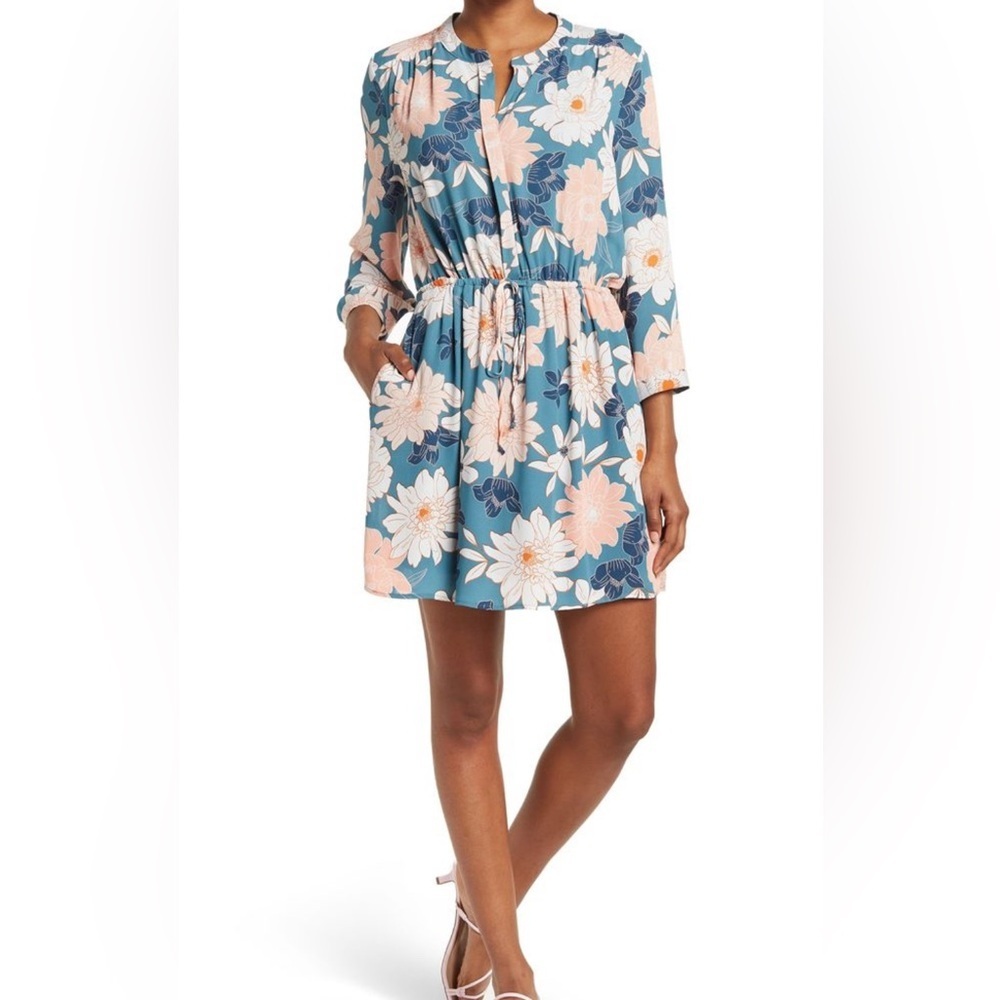 DR2 Nordstrom Rack Women’s Aqua Blue Floral Dress Drawstring Waist with Pockets